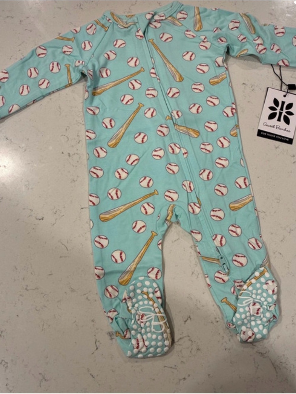 Baby Baseball Print Aqua Footed One-Piece Sweet Bamboo